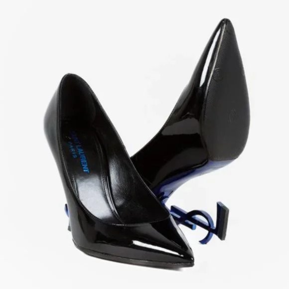 Saint Laurent Black Patent Opyum 110 Electric Blue Pumps - Picture 4 of 11